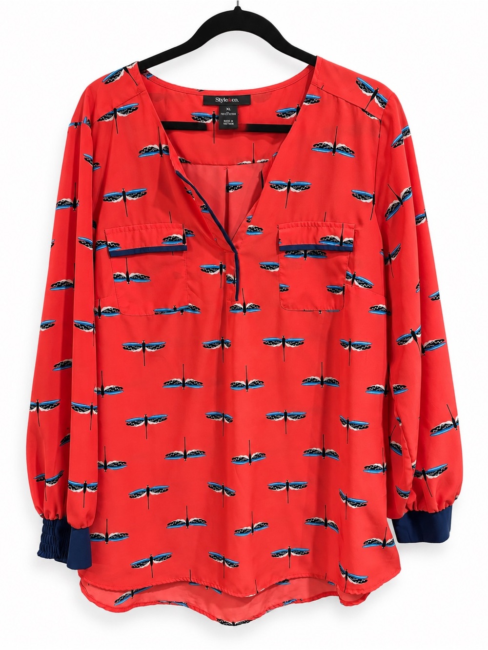 Style & Co. Red Dragonfly-Print Split-Neck Tunic with Navy Cuffs